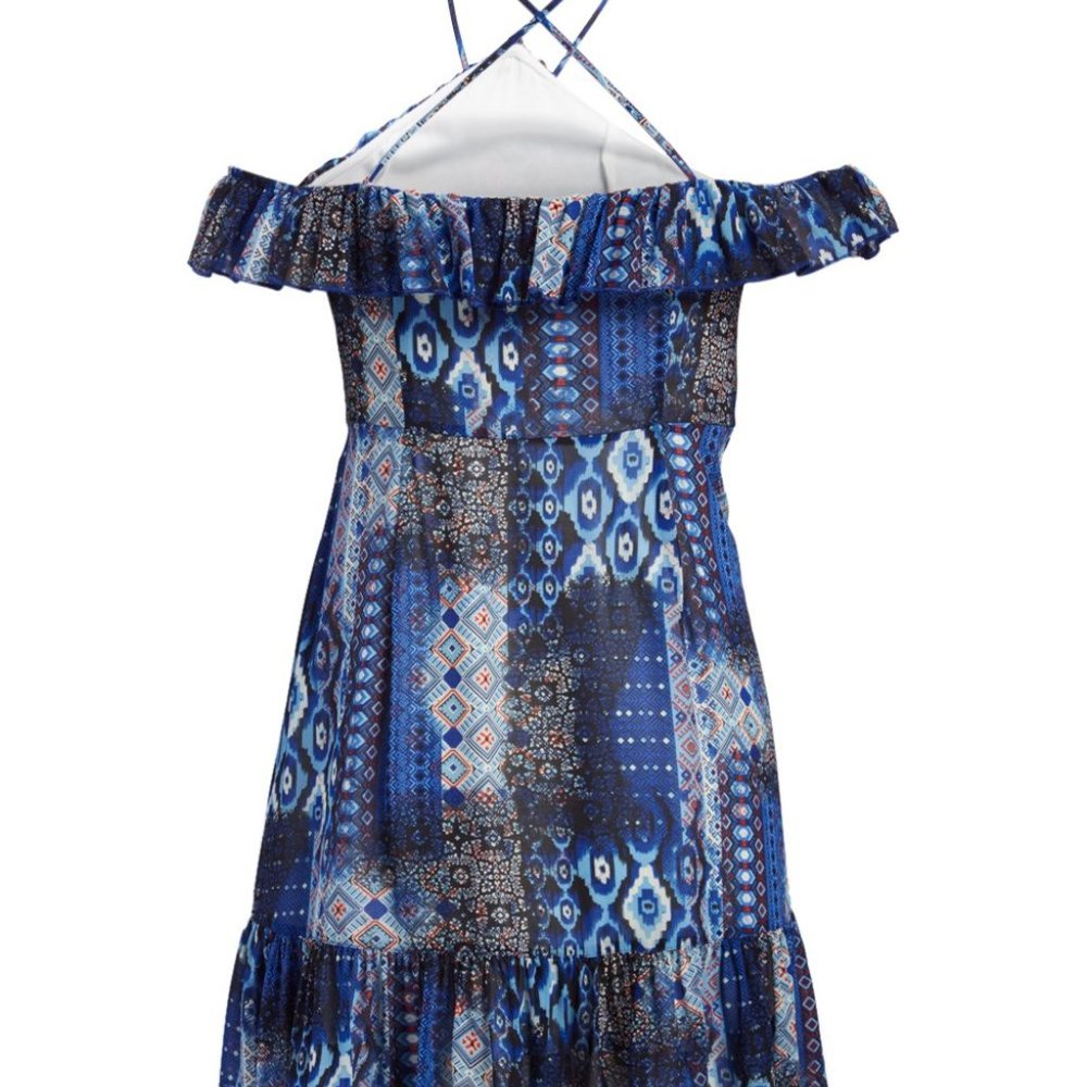 Blue Abstract Ruffle Off-Shoulder Mini Dress - Picture 2 of 3